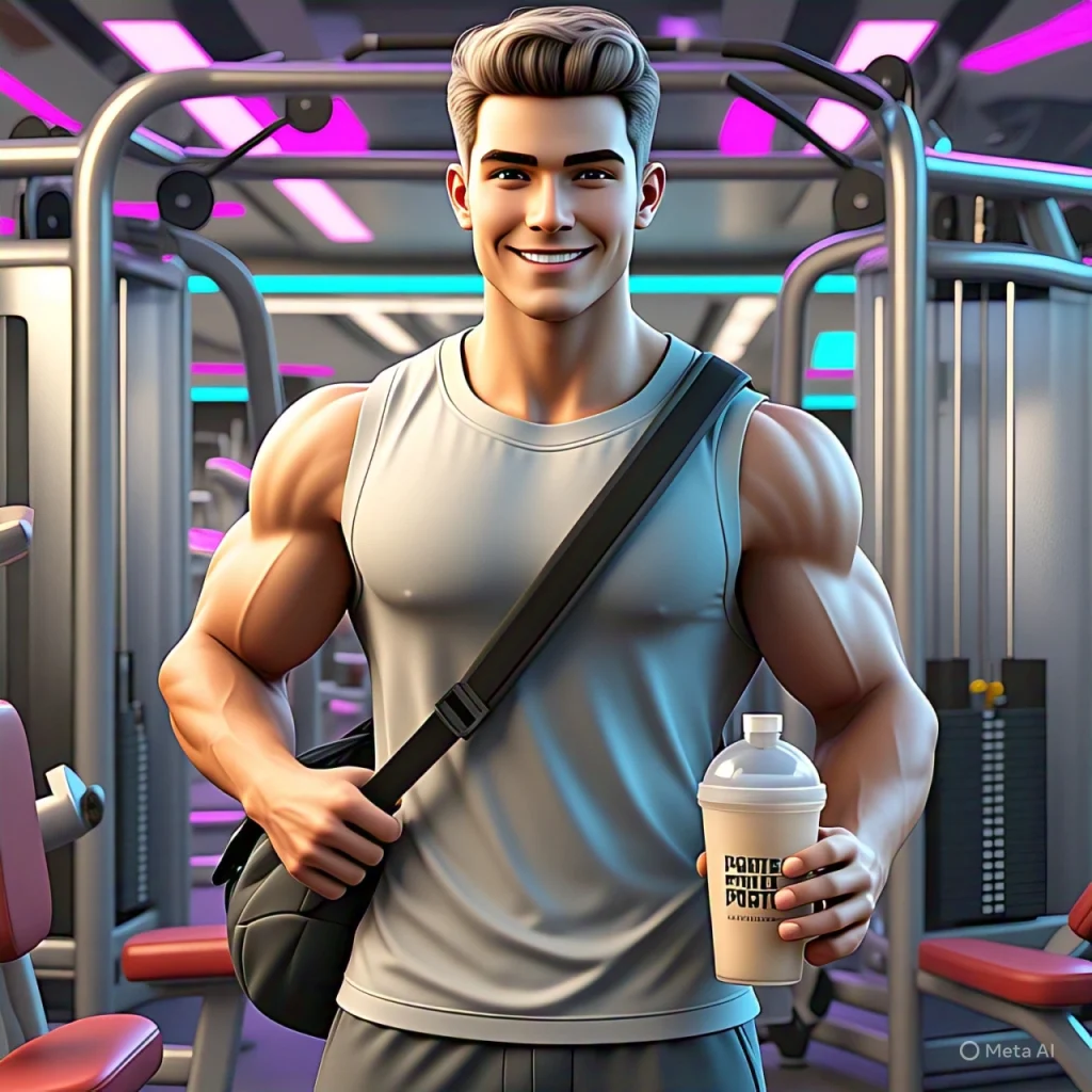 A gym trainer carry a bag on his shoulder and shakes protein bottle in the gym.