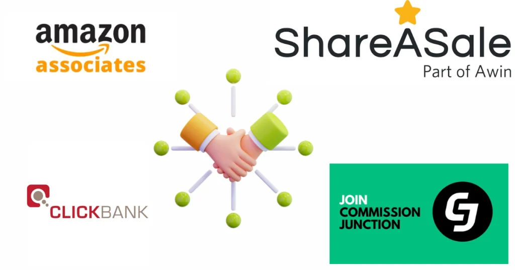 An image that shows affiliate marketing platforms around the meeting hands.